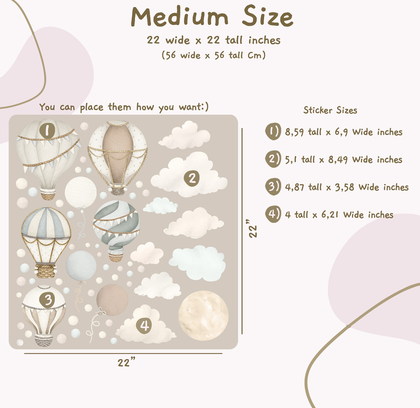 Boho Hot Air Balloon Wall Decals, Neutral Unisex Air Balloons Nursery Decor Set