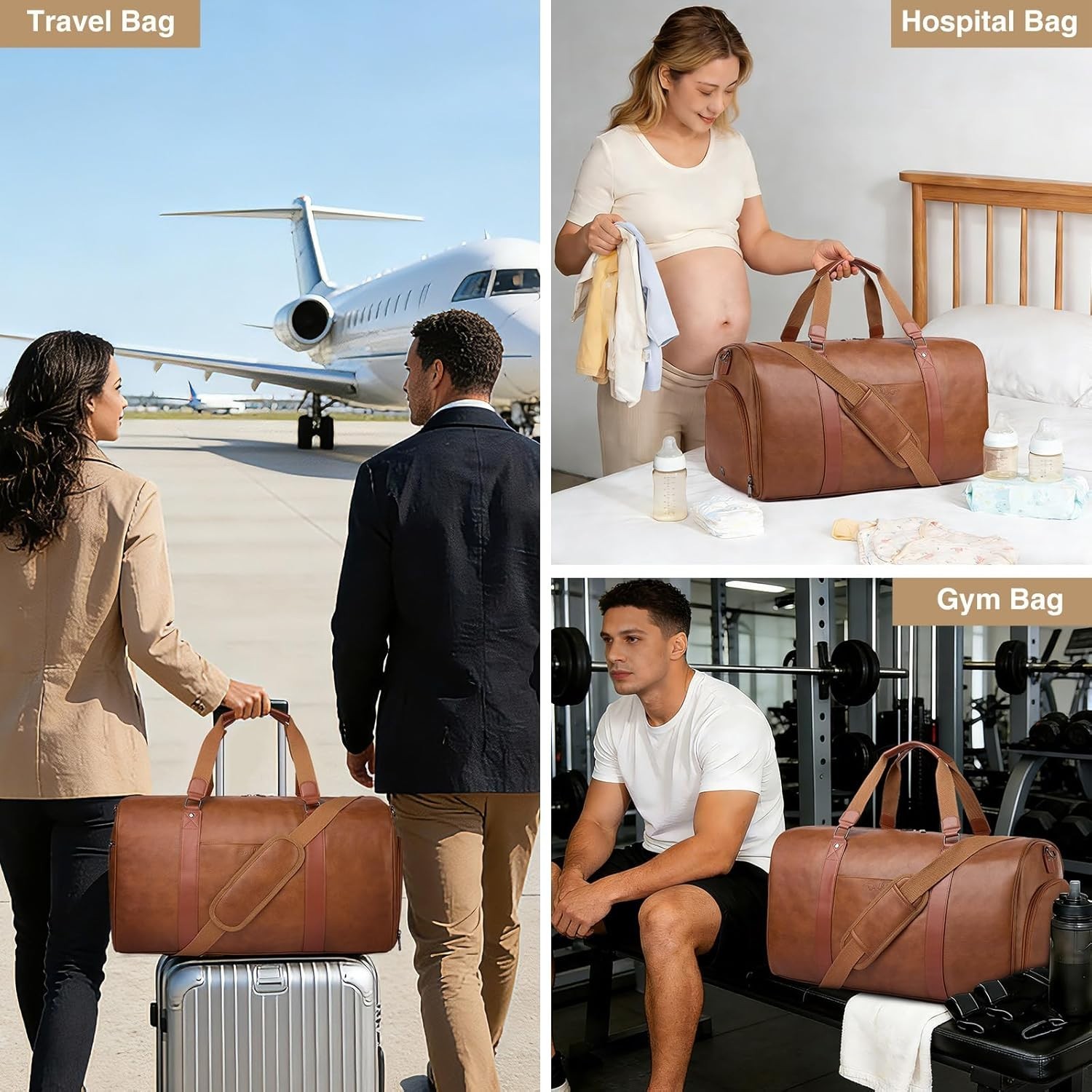 3-in-1 Leather Duffle Bag for Travel with Toiletry Bag and Shoe Compartment, …
