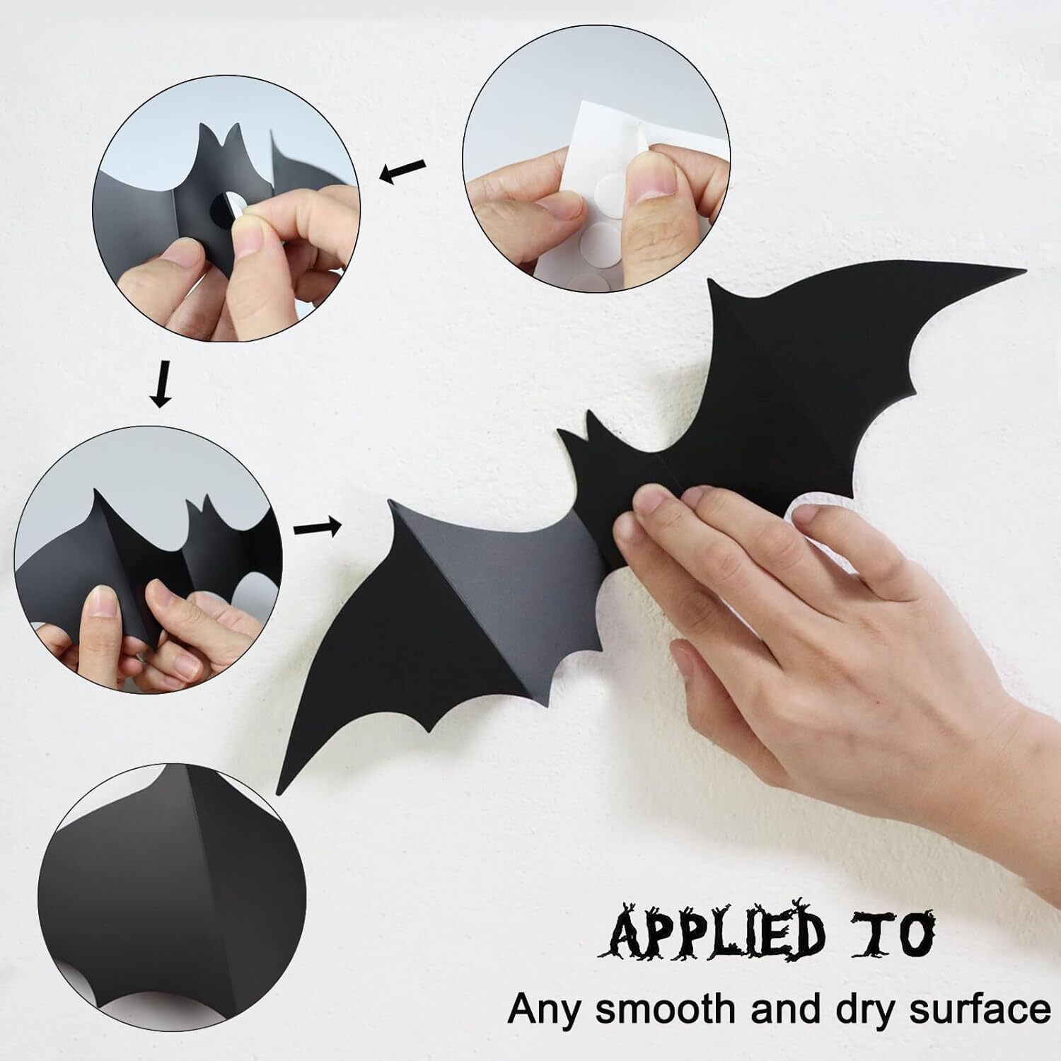 Halloween 3D Bats Wall Decor – 70 Pcs 5 Different Sizes Matte 70 PCS, Black