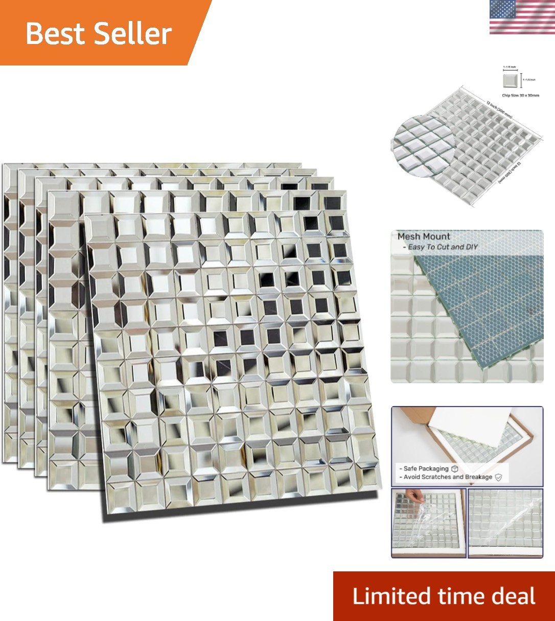 Mirror Glass Mosaic Tile, Beveled Seamless Crystal Diamond Silver Backsplash …