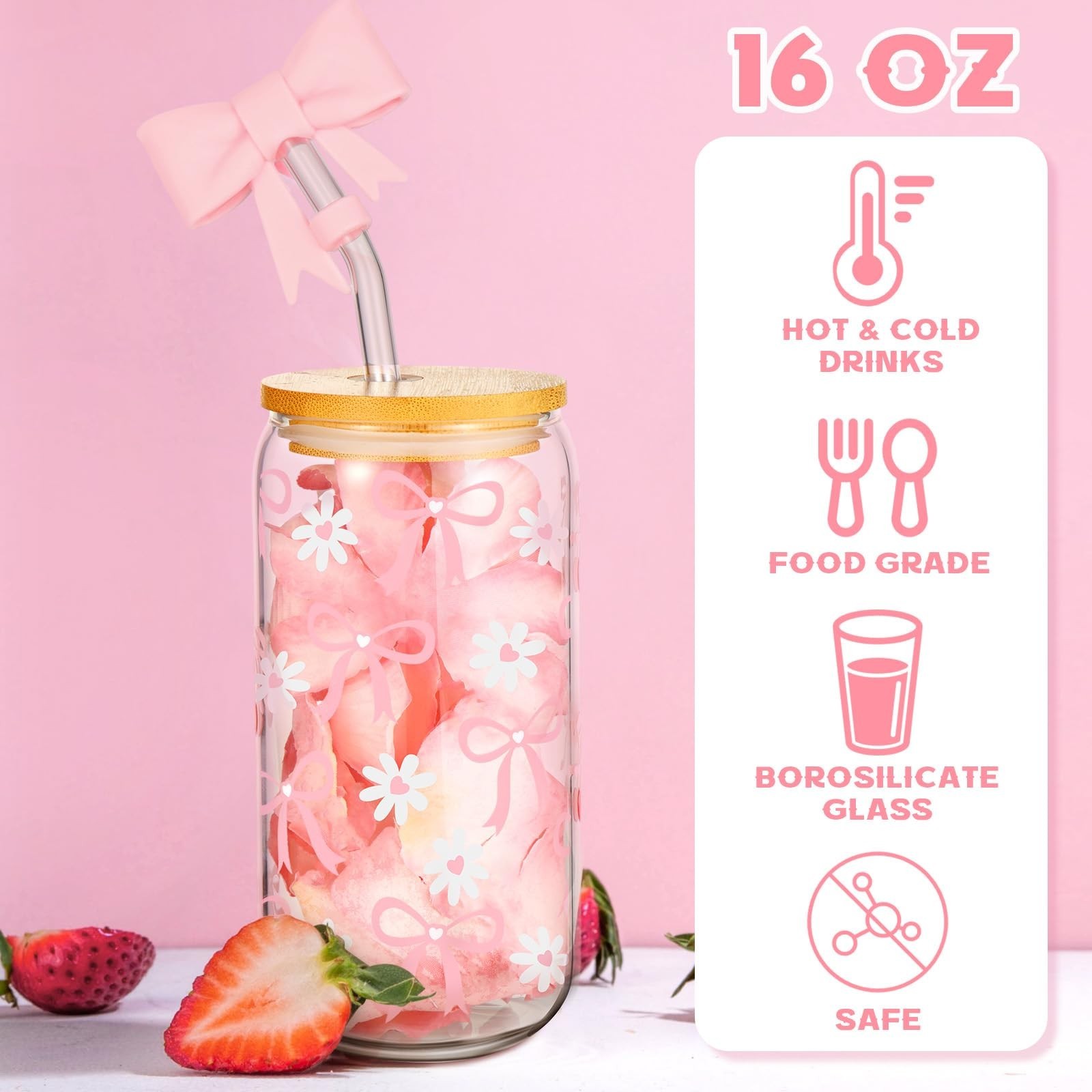 Skylety Set of 2 Coquette Bow Glass Cup 16oz Pink Glass Cup with Lids and Str…