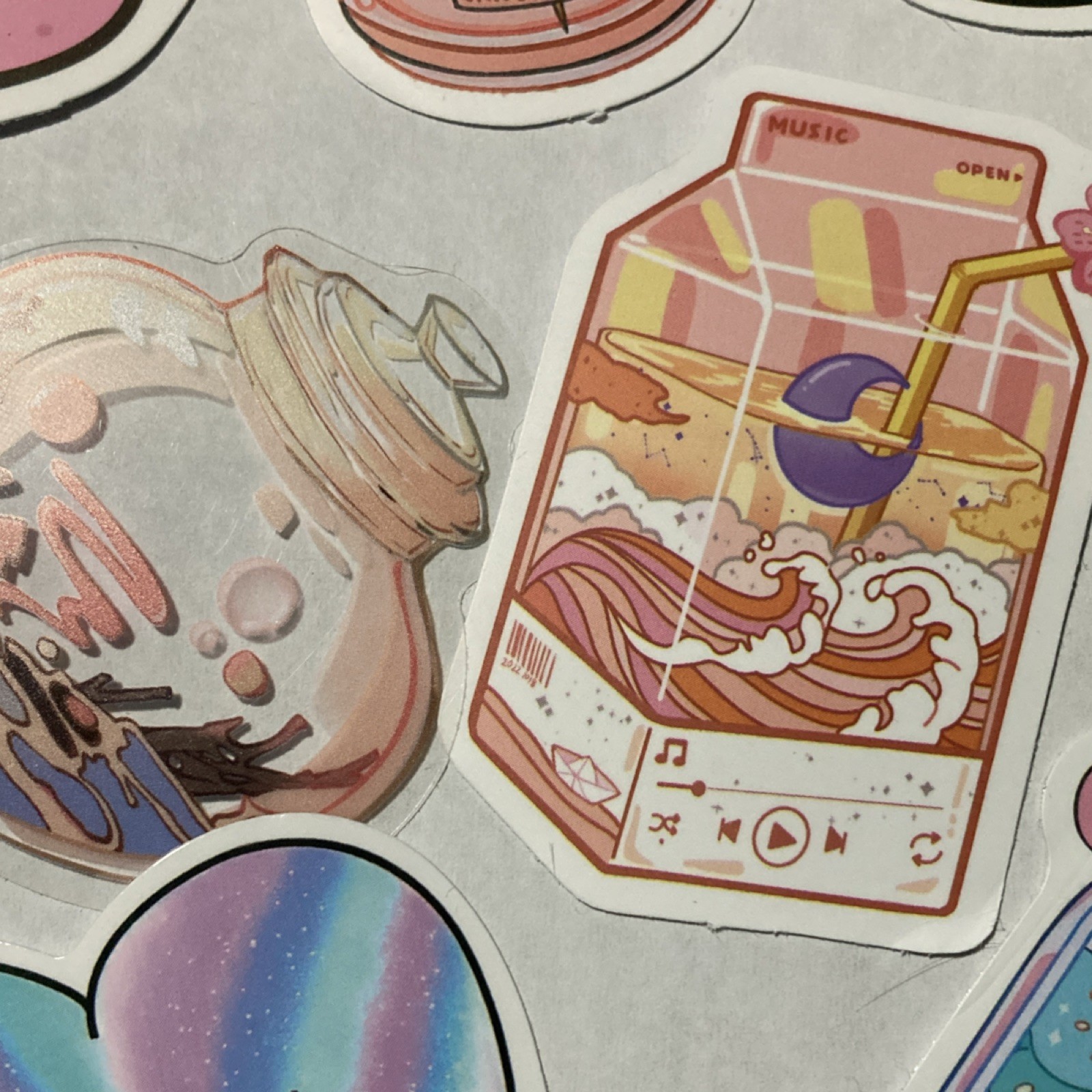10 Whimsical Multicolor Stickers, Holographic Pastel, Food & Nature