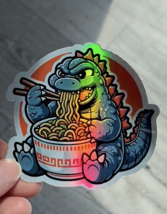 3Inch Godzilla eating ramen Holographic 3 Inch Waterproof Sticker