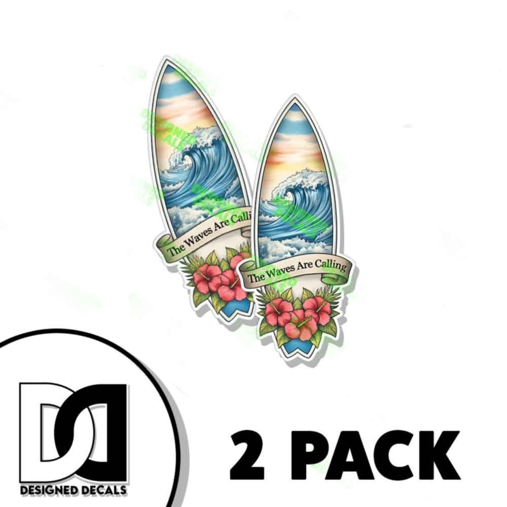 California The Waves Are Calling Tropical Surf Board Sticker Decal Sticker 2 PK