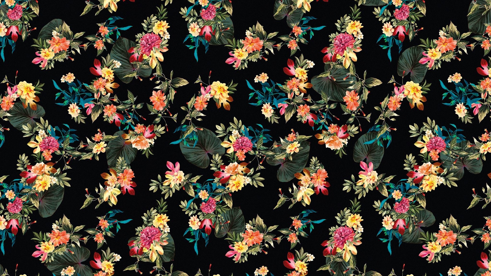 Tropical Flower Wall Mural. Paradise Botanical Flowers and Leave Black Backgroun