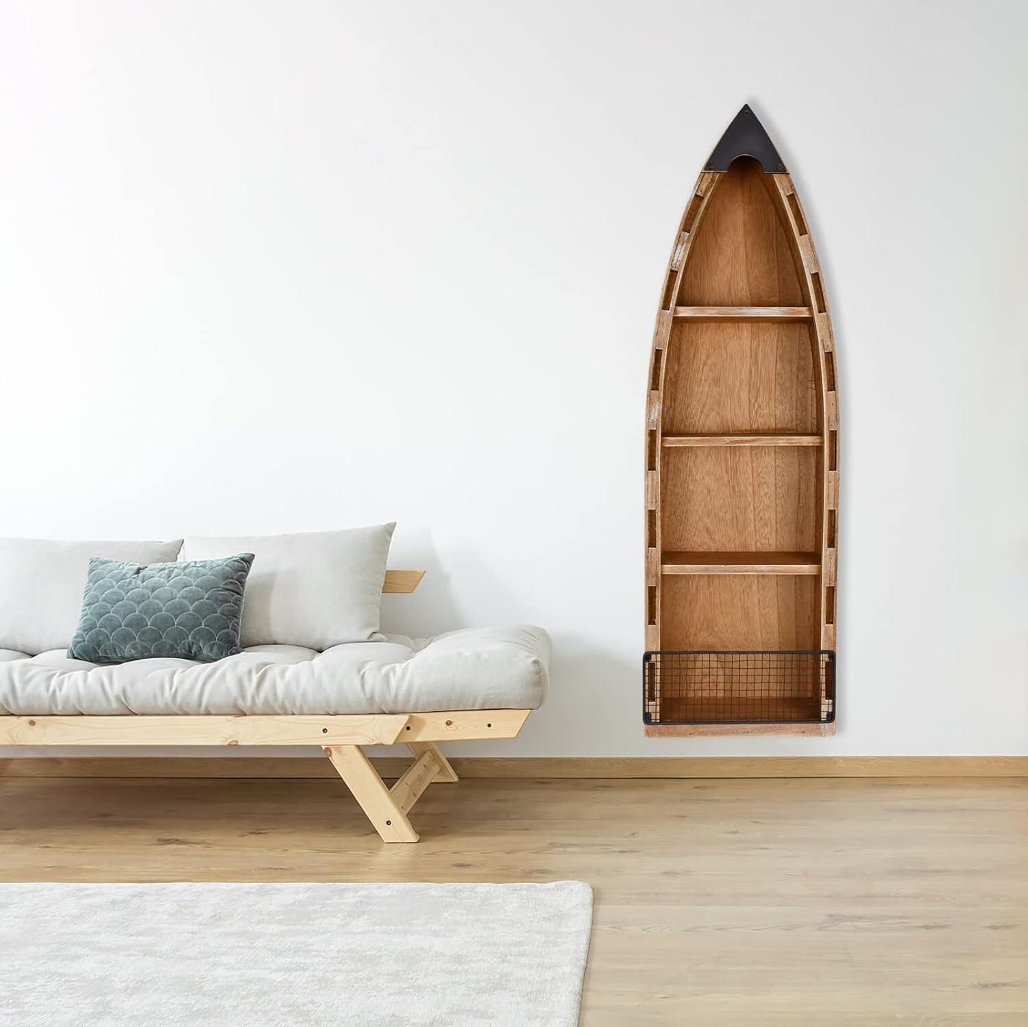 Solid Wood Boat Shelf Decorative Nautical Wall Decor Bookcase Large Wooden 4-Tie