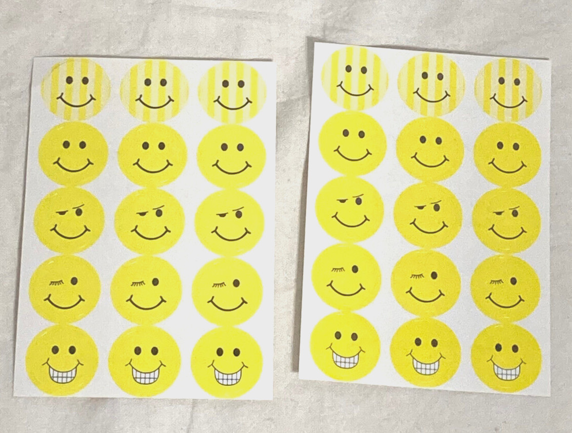 Vntg Happy Smiley Multi -Face Adhesive Craft Stickers 1" H. Yellow 2 Sheets
