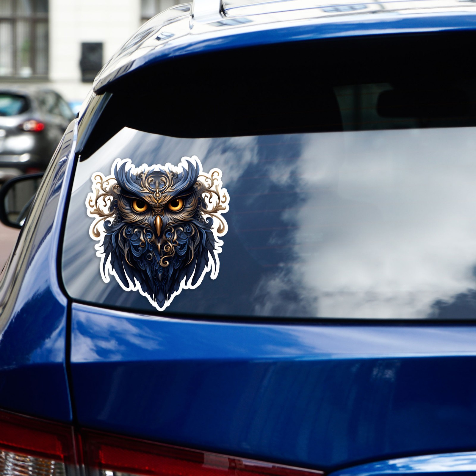 Blue Ornate Owl Portrait – Vinyl Decal Sticker – Car Window Laptop – #1968