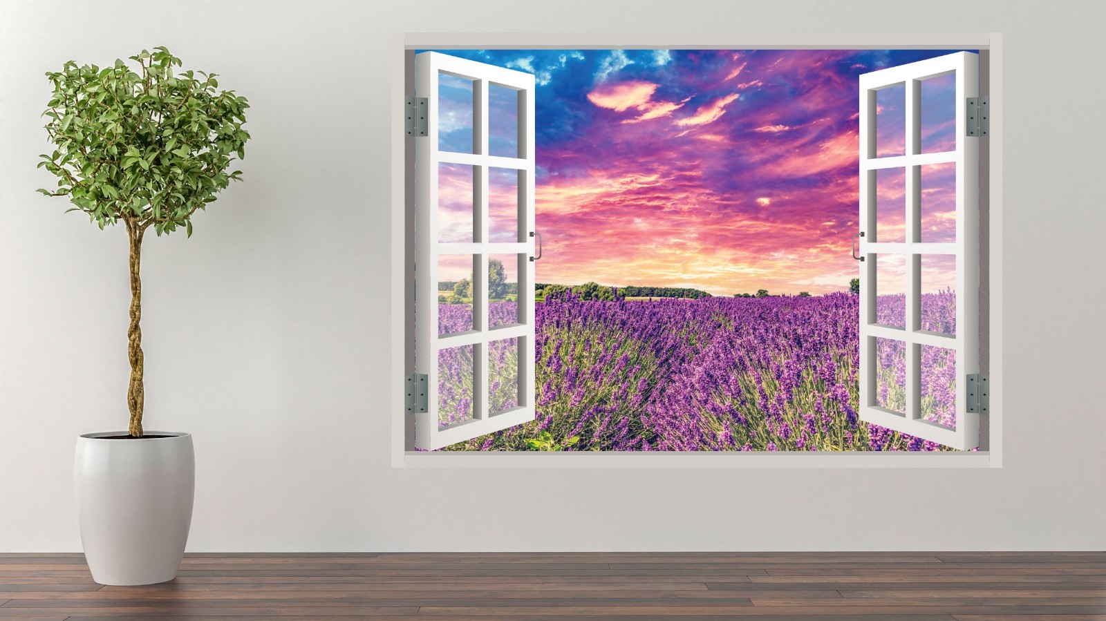 3D Window View Wall Decal Lavender Sunset Vinyl Sticker Mural Fake Window M-114