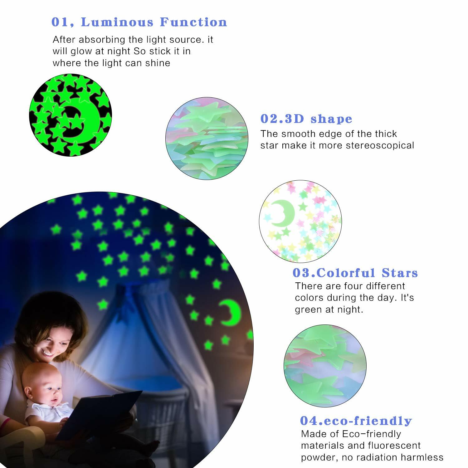 Kids Decal 3D Home Ceiling Glow In the Dark 200 x Stars Blue Moon Wall Stickers