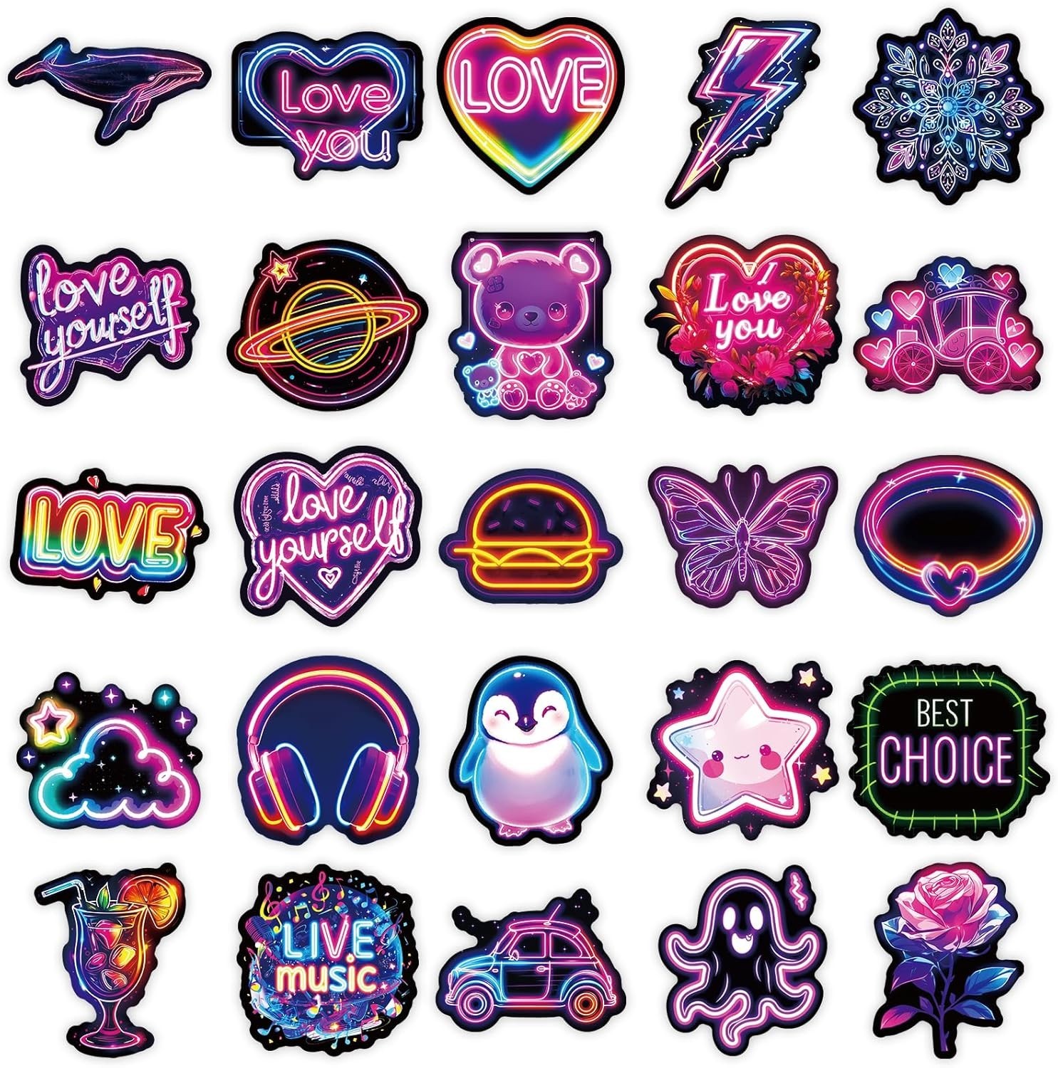 50 Unique Neon Stickers – Waterproof Vinyl Graffiti Decals for Personalization