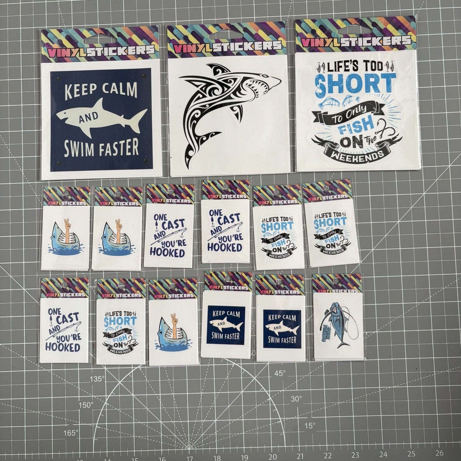 Shark and Fishing Vinyl Sticker Decal Pack – Assorted Sizes (15 Pieces)