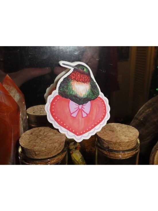 Hummingbird Sitting on a Heart w/ Bow Sticker unique handmade nature art
