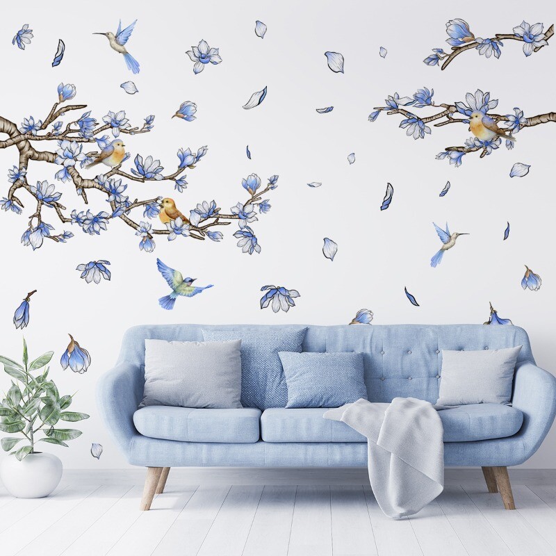 Wall Stickers Clings Decals Bird Tree Floral Home Decor PVC Blue Living Room