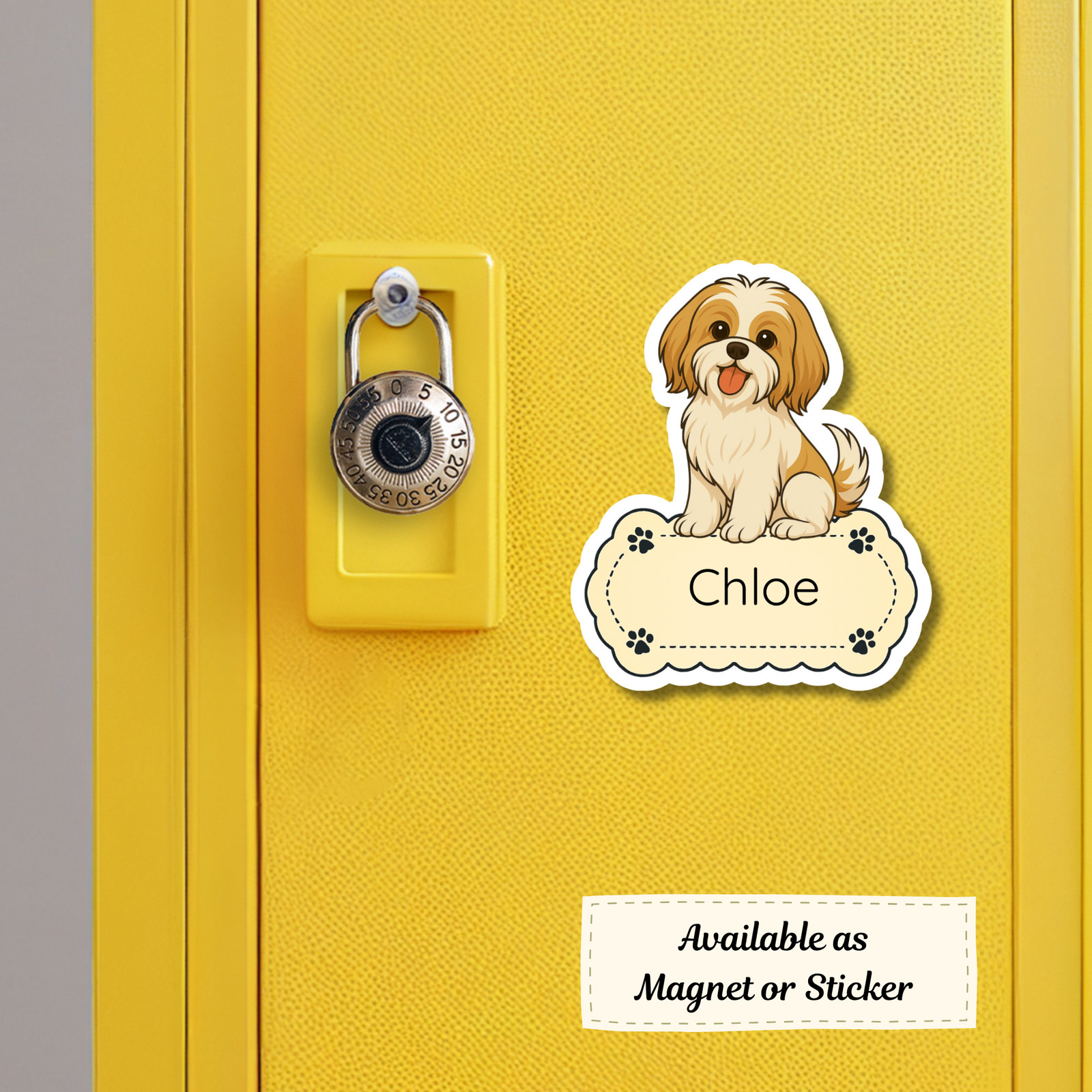 Personalized Shih Tzu Dog Sticker Magnet Bookmark – Gold and White