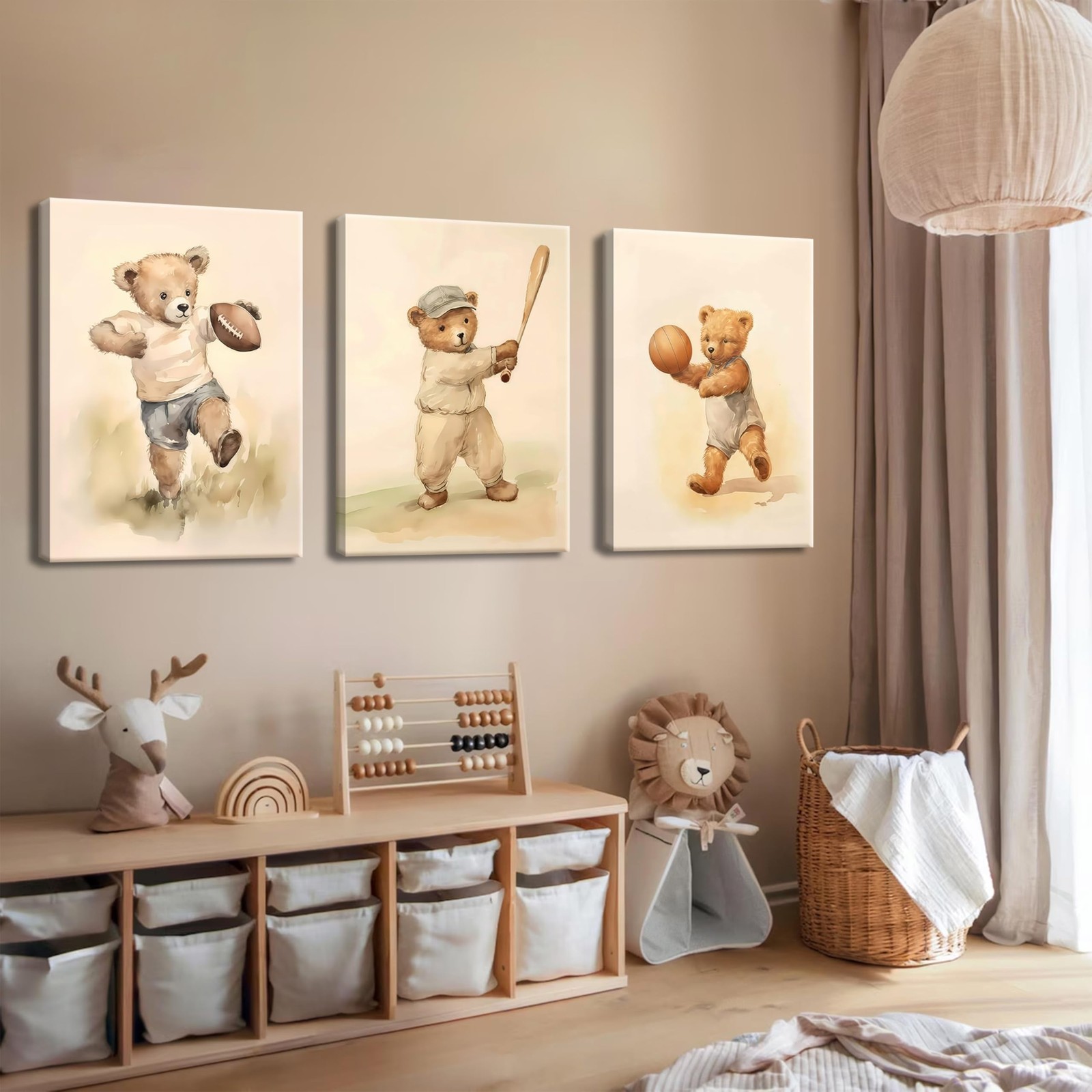 Bear Rugby Sports Nursery Canvas Wall Art Set of 3 – Cute Vintage Baby Bear P…