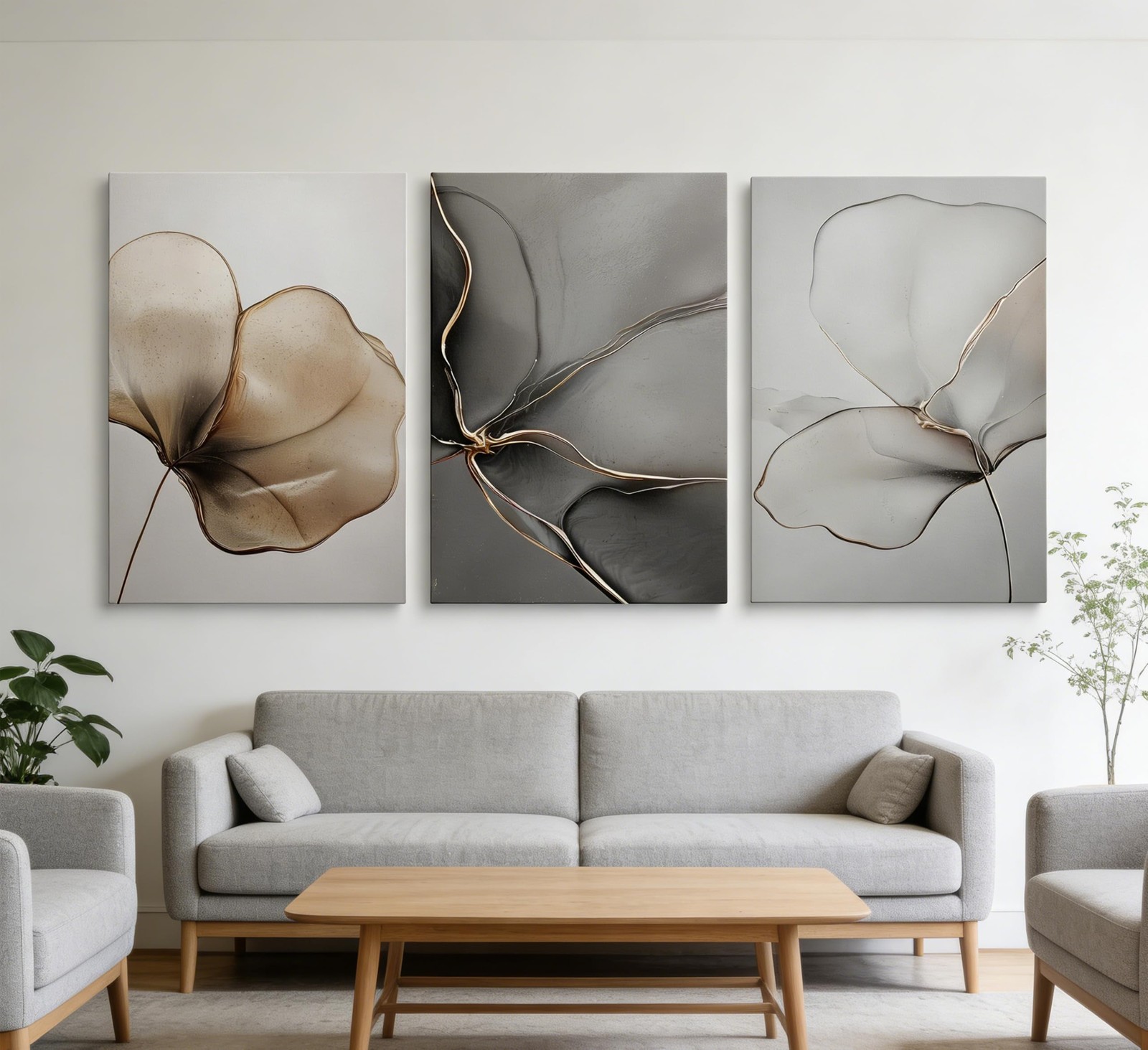Abstract Floral Canvas Wall Art – Minimalist Gold Line Petal Picture Wall Dec…
