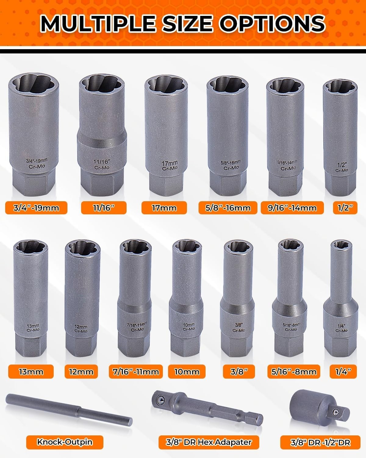 Deep Bolt Extractor Set,16 PCS Impact Bolt & Nut Remover Set, Stripped Lug Nut