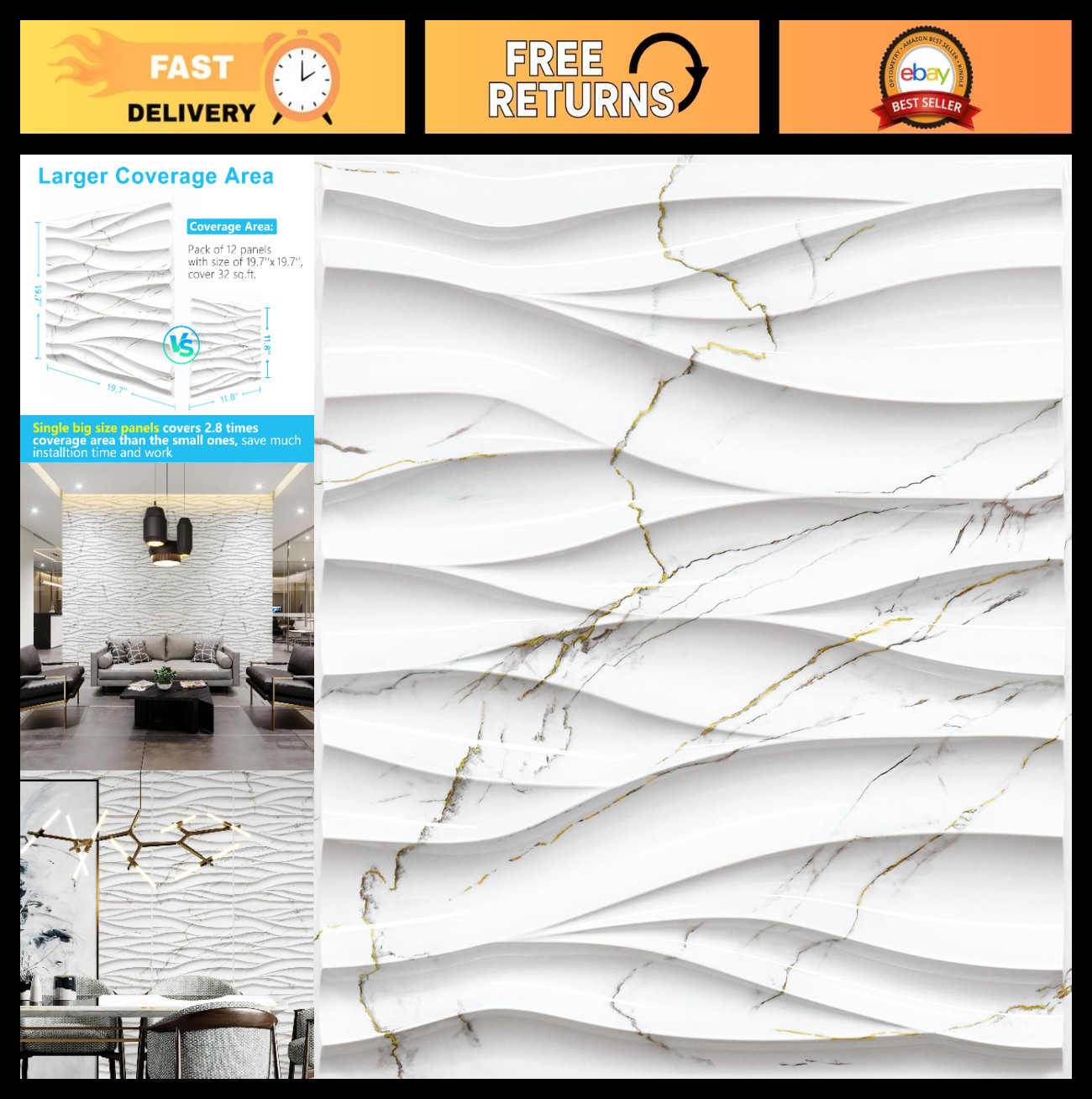 3D White Marble & Gold Thread Wave Wall Panels – Decorative PVC Accent for Livin