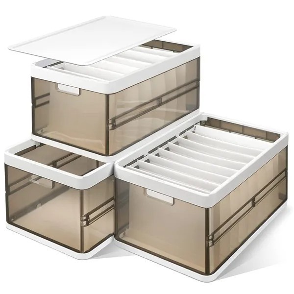 3 Pack Foldable Storage Bin with Lid Stackable Plastic Closet Organizer