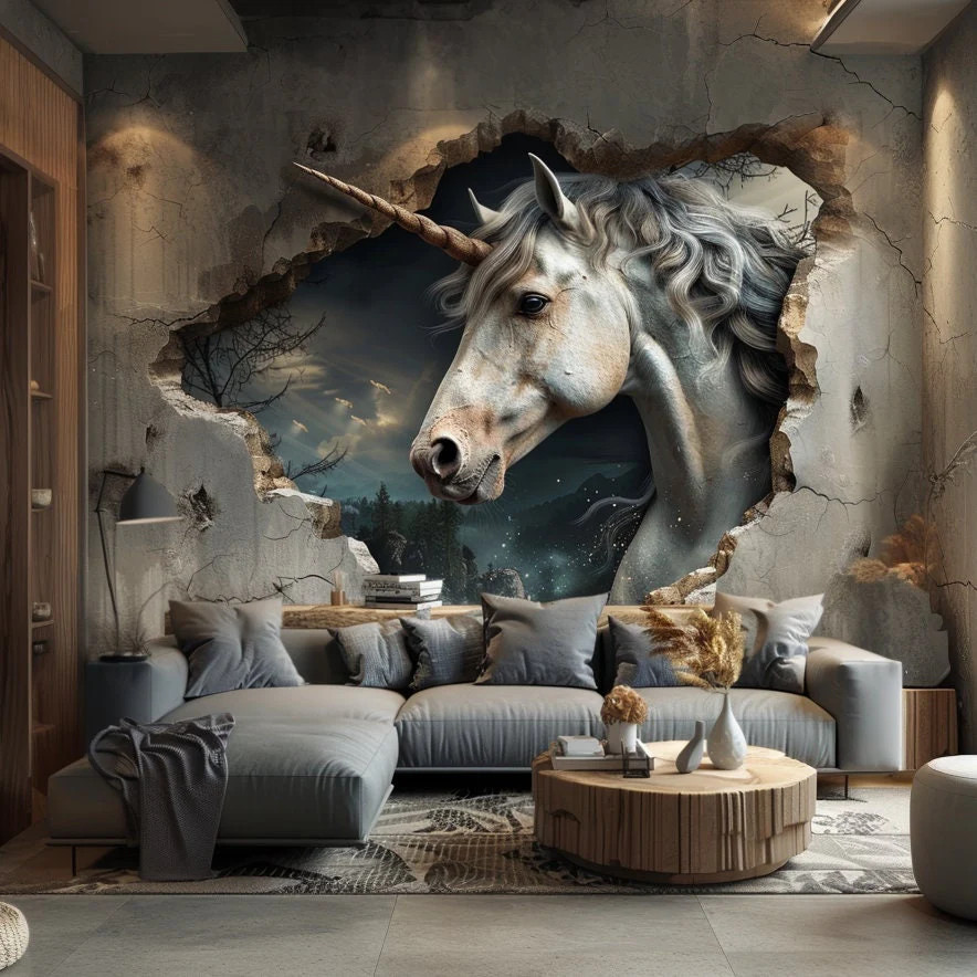 Mystical 3D Unicorn Wall Decal Sticker – Enchanted Forest Fantasy Decor for