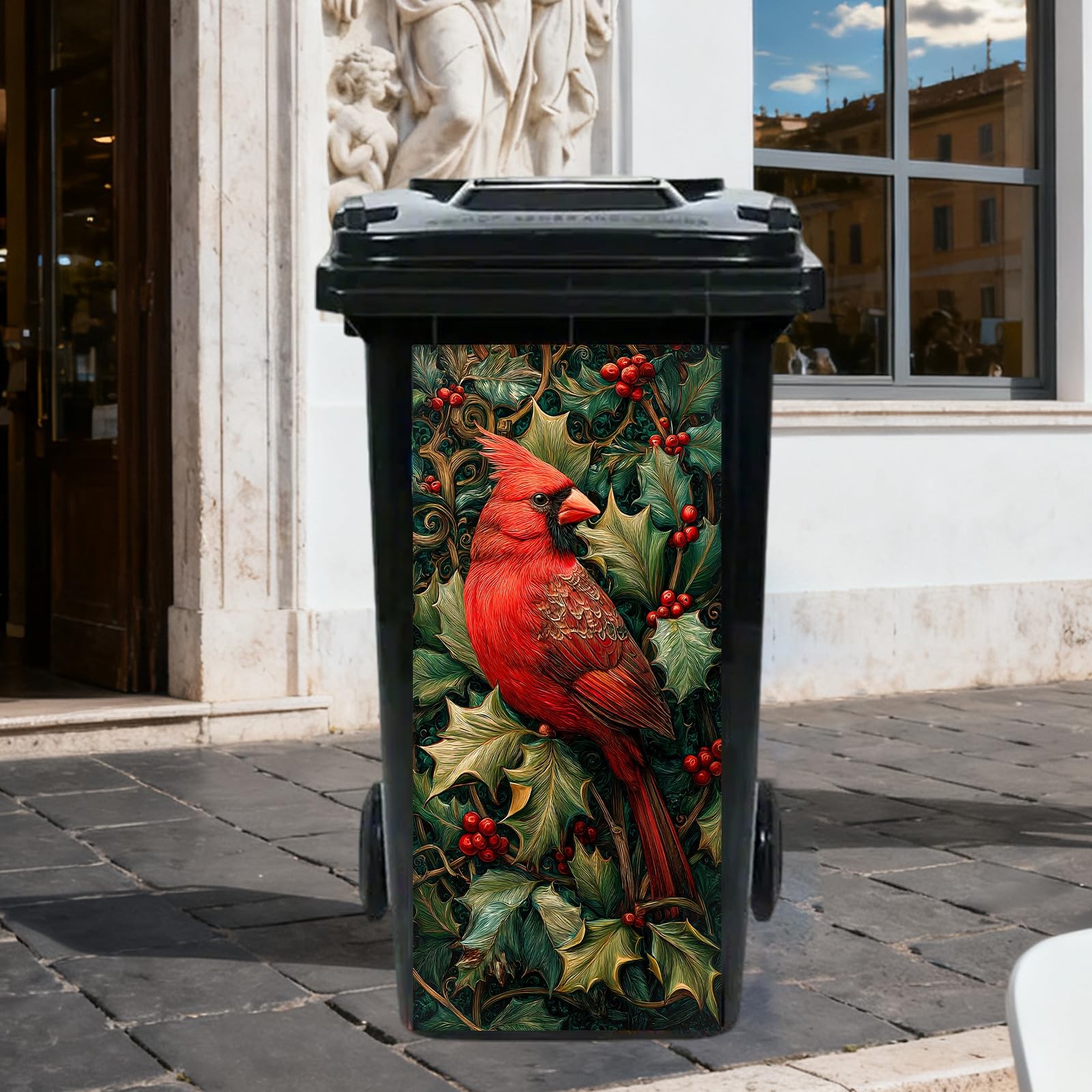 Red Cardinal in Holly Garbage Can Stickers, PVC, 14.57×32.28 Inches – Trash C…