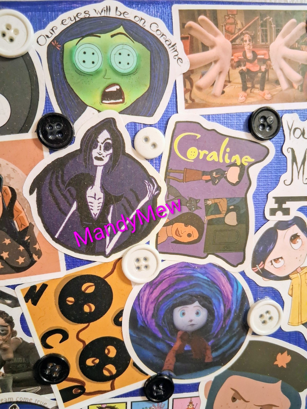 MandyMew Coraline Vinyl Sticker Collage Art, Multicolor & real buttons, 8×10 in