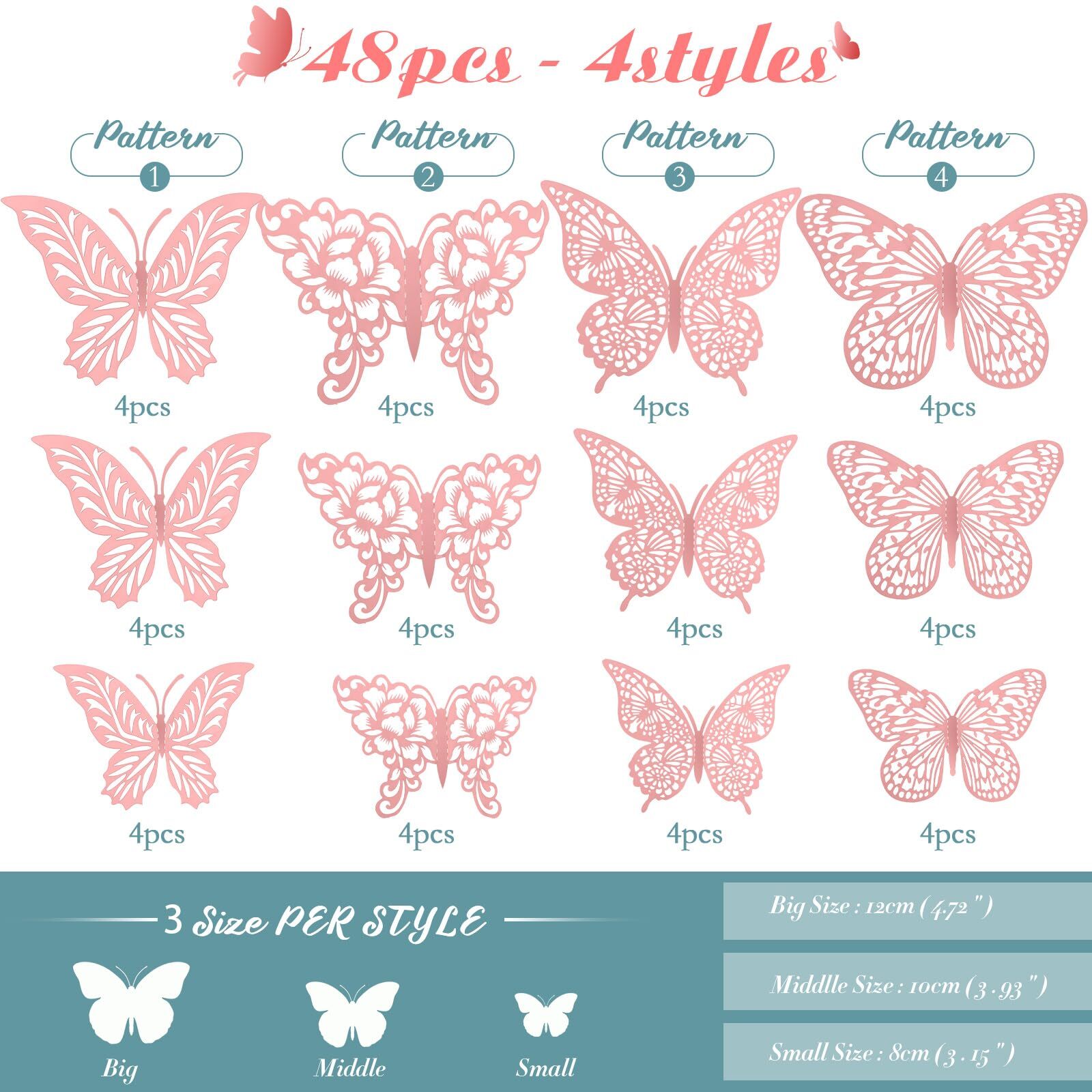 48PCS 3D Butterfly Room Wall Decor for Birthday Wedding Party Cake Decor