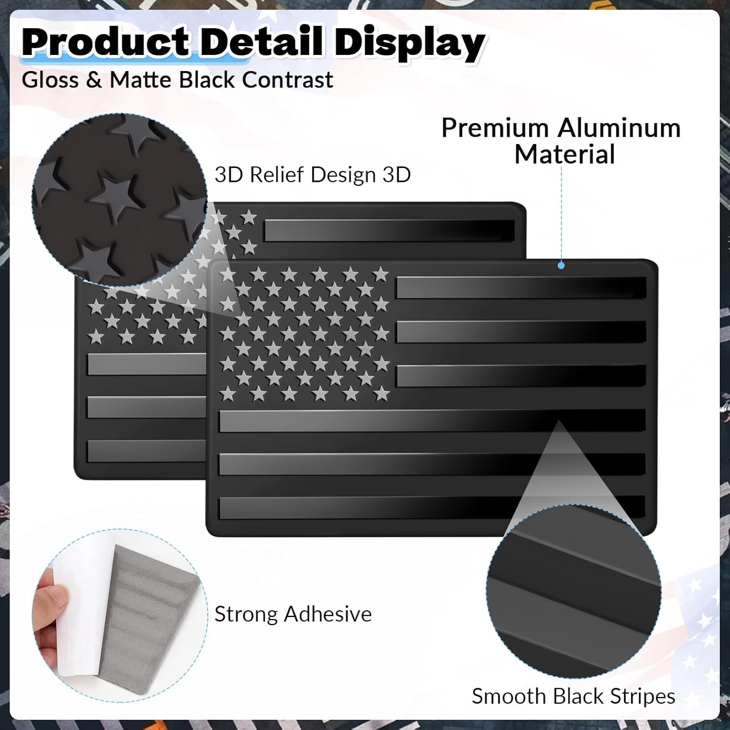 Metal Embossed American Flag Emblem Decal Stickers, 1 Pair Matte Black 5" x 3" C