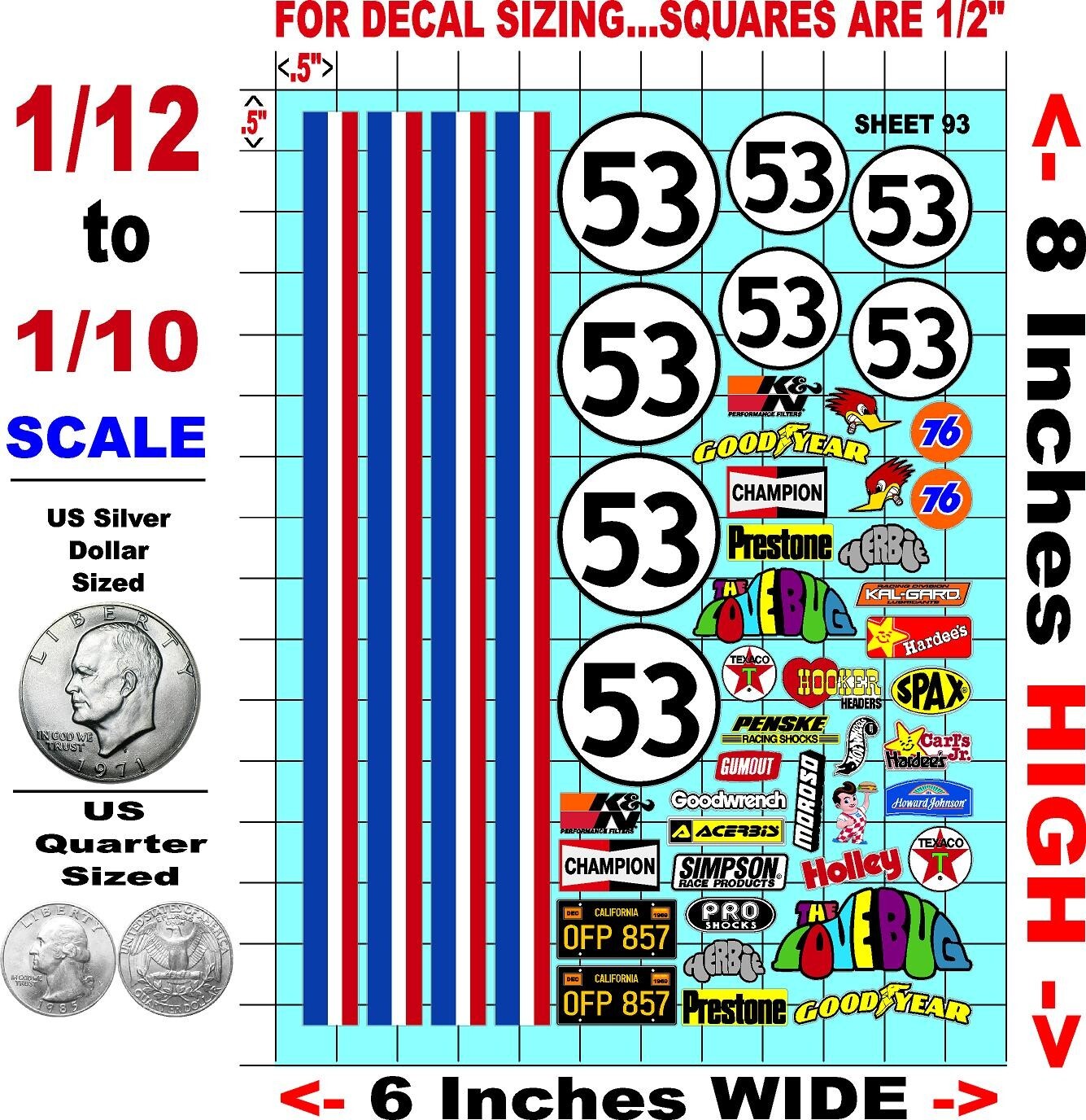 WHITE Vinyl Sticker Sheet 93 LOVEBUG-R/C MODEL Decal fits 1/10-1/16 Scale HERBIE
