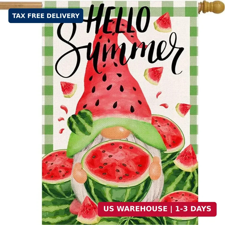 Hello Summer Watermelon House Flag 28 x 40 Inch Summer Gnome Decorative Doubl…