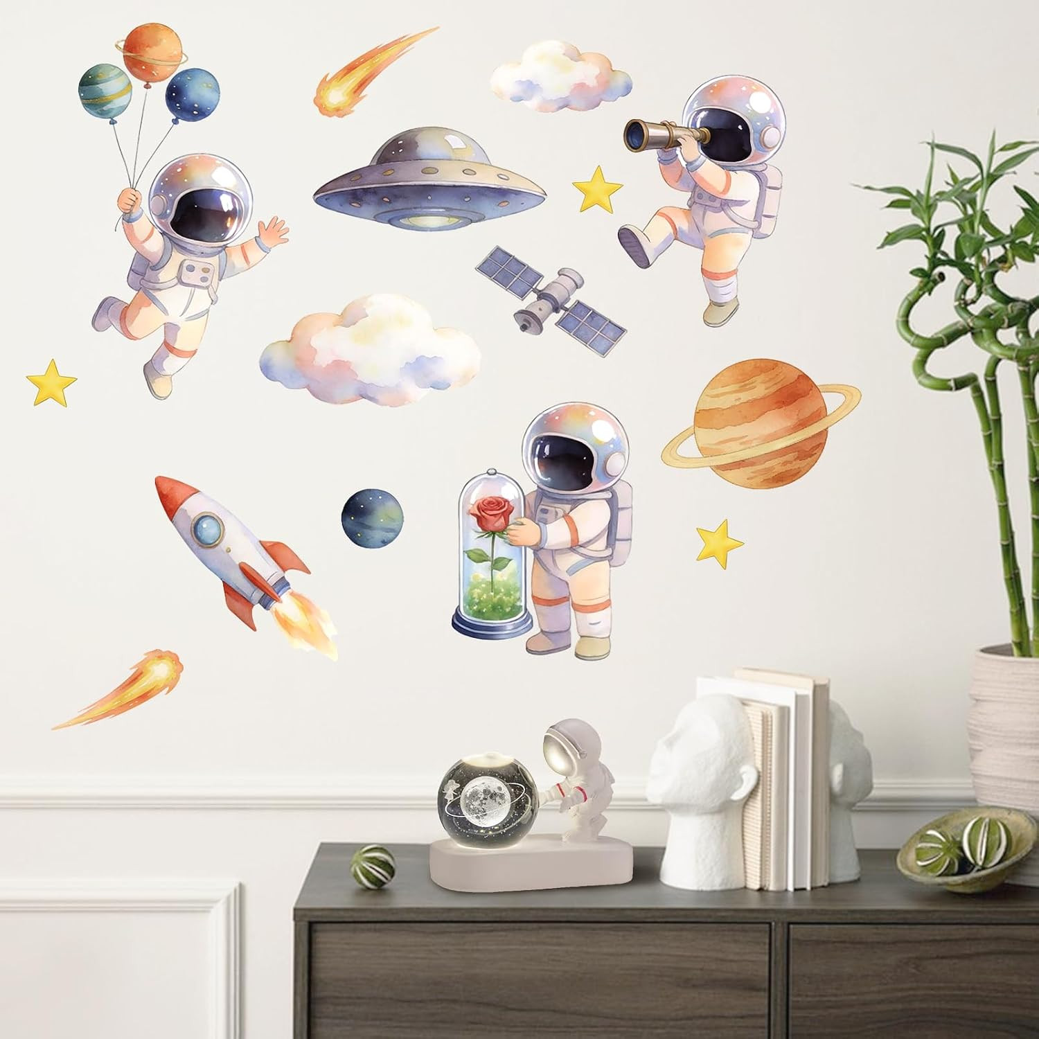 Watercolor Outer Space Astronaut Wall Decals Stickers, Galaxy | Planets Rocket S