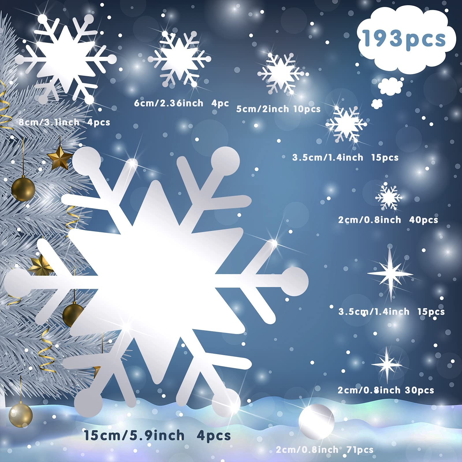 Outus 193 Pcs Christmas Snowflake Mirror Wall Decal Sticker Silver
