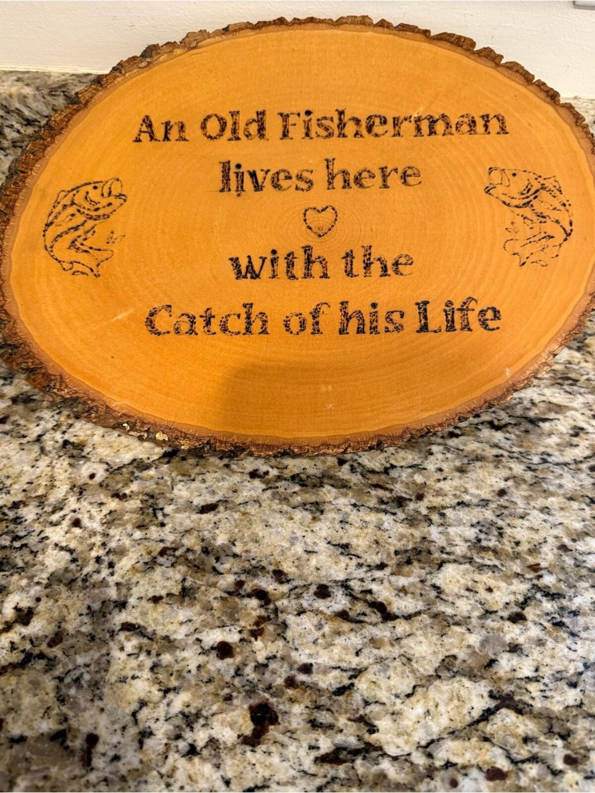 Fisherman natural wooden oval engraved plaque bark trim