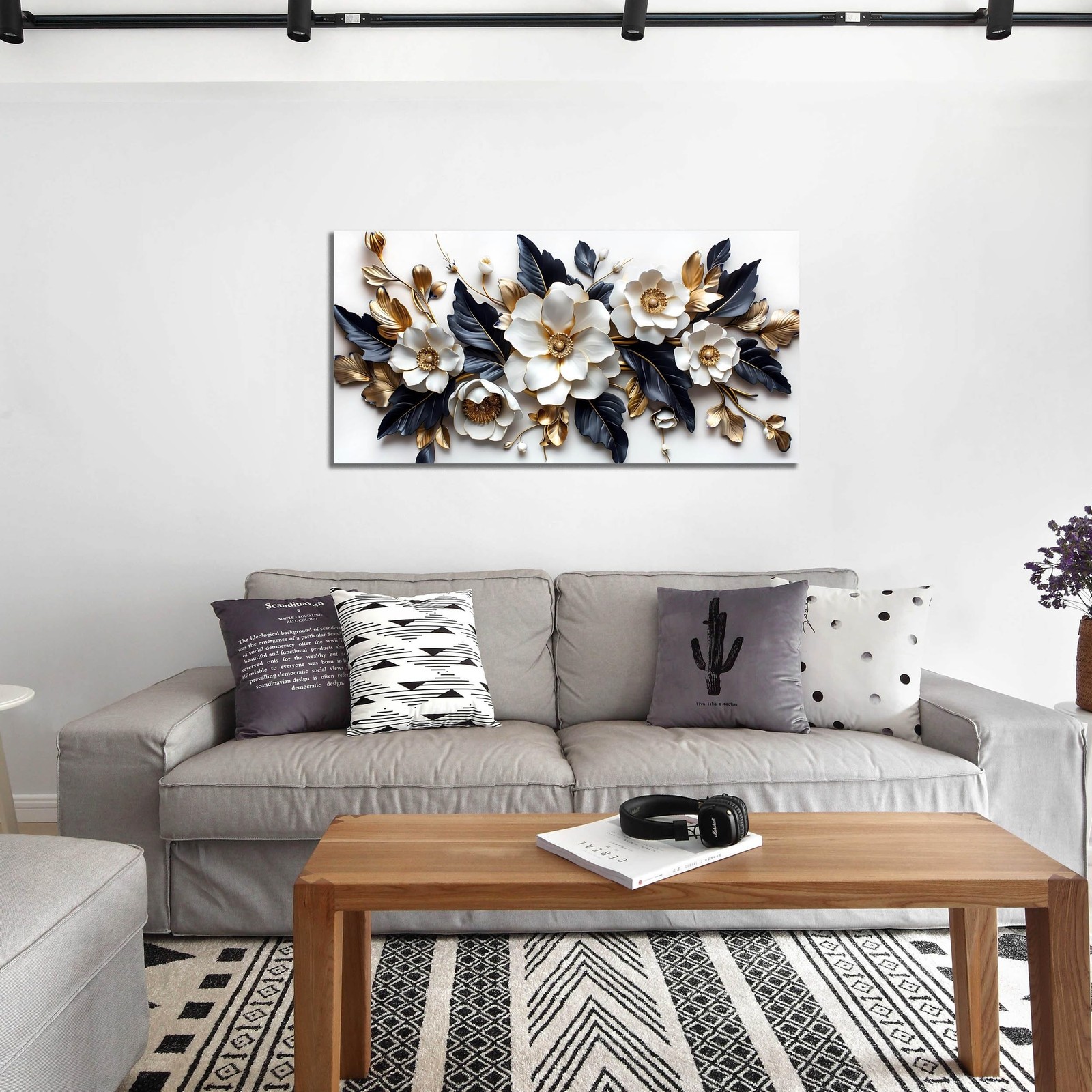 HUBOSKN Flower Pictures Wall Decor for Living Room – Blue White and Gold Wall…