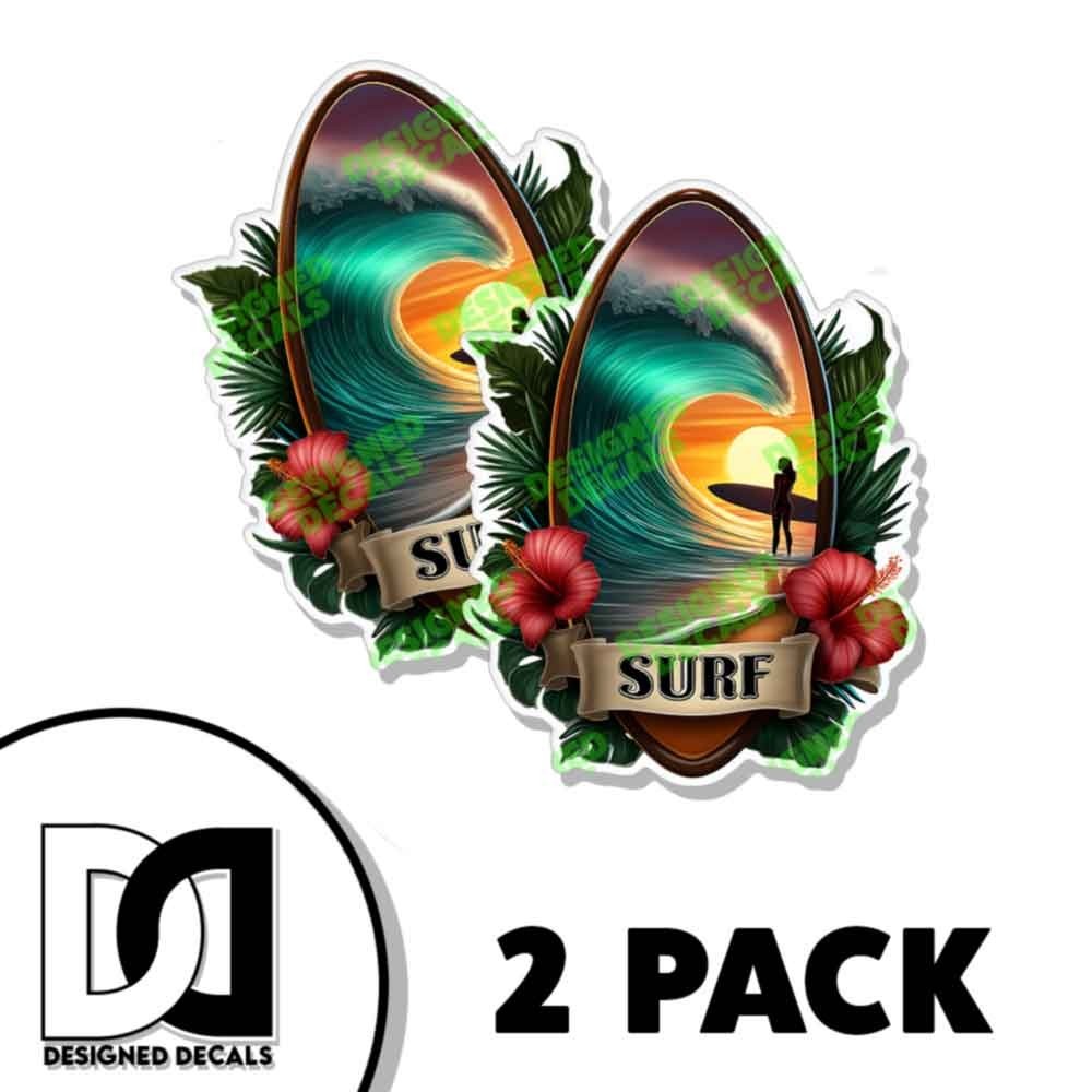 Surf Sticker Tropical Vinyl Decal Sticker – Die Cut watersports boating surf 2PK