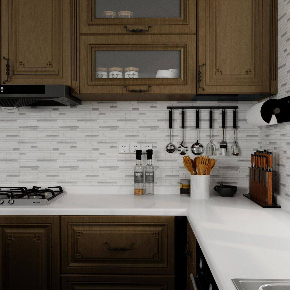 Jeedeson Peel Stick Wall Tile 12in Marble White Silver Kitchen Backsplash 10pack