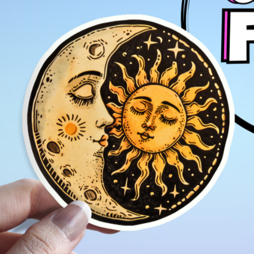 Sun & Moon Sticker: Celestial Kiss Vintage Eclipse Waterproof Night Sky Sticker