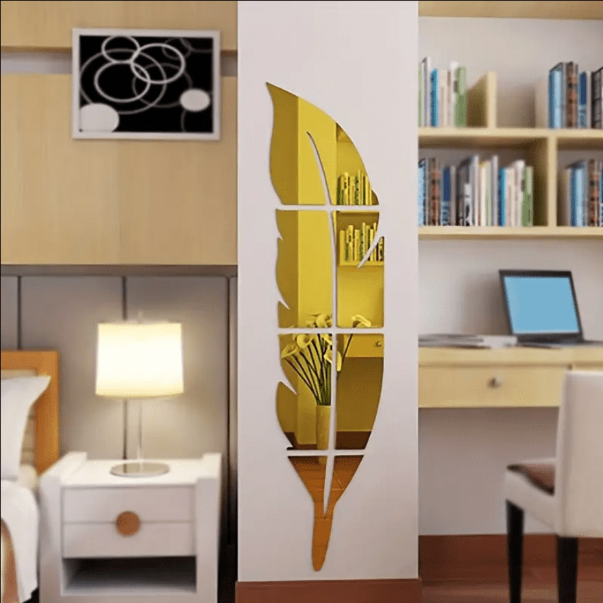 Self Adhesive Feather Mirror Wall Stickers DIY Living Room Headboard Wall Art