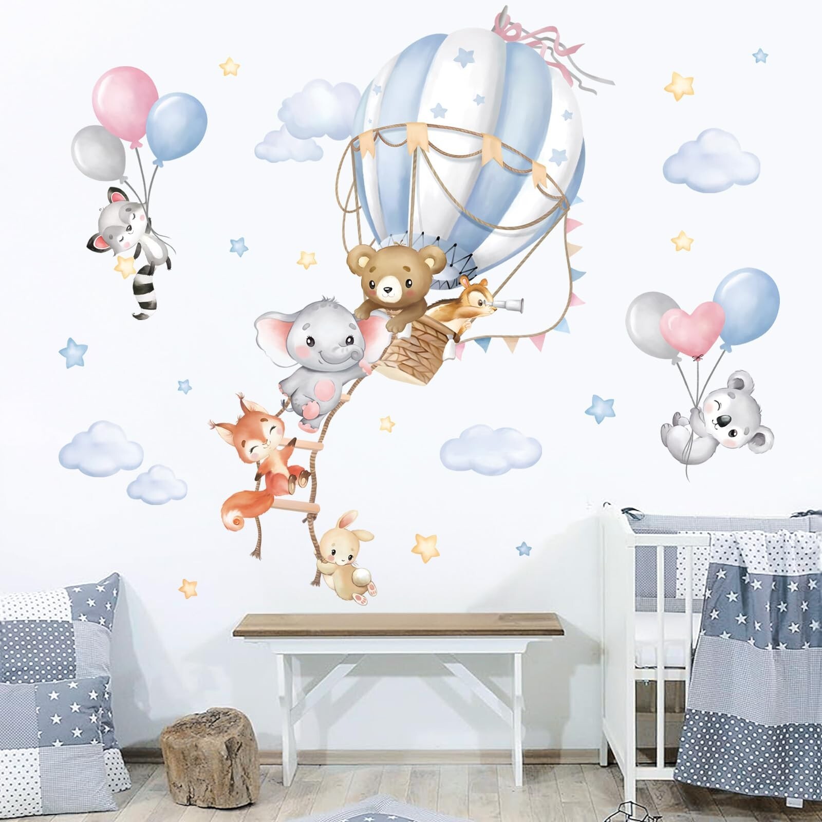 wondever Large Hot Air Balloon Animals Wall Decals Bear Elephant Fox Peel and…