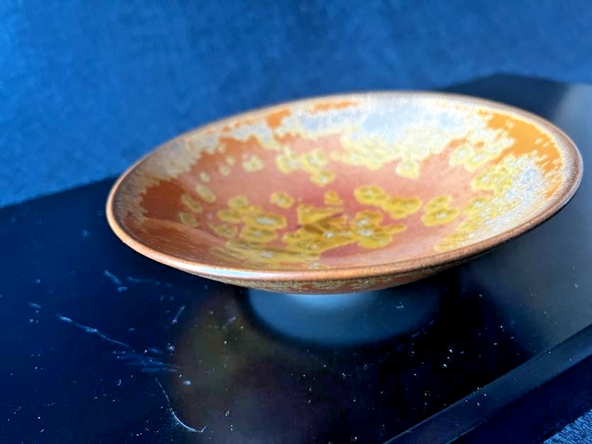 Baba Shinemon Japanese Crystal Glaze Tea Bowl Gold Orange Chawan Signed