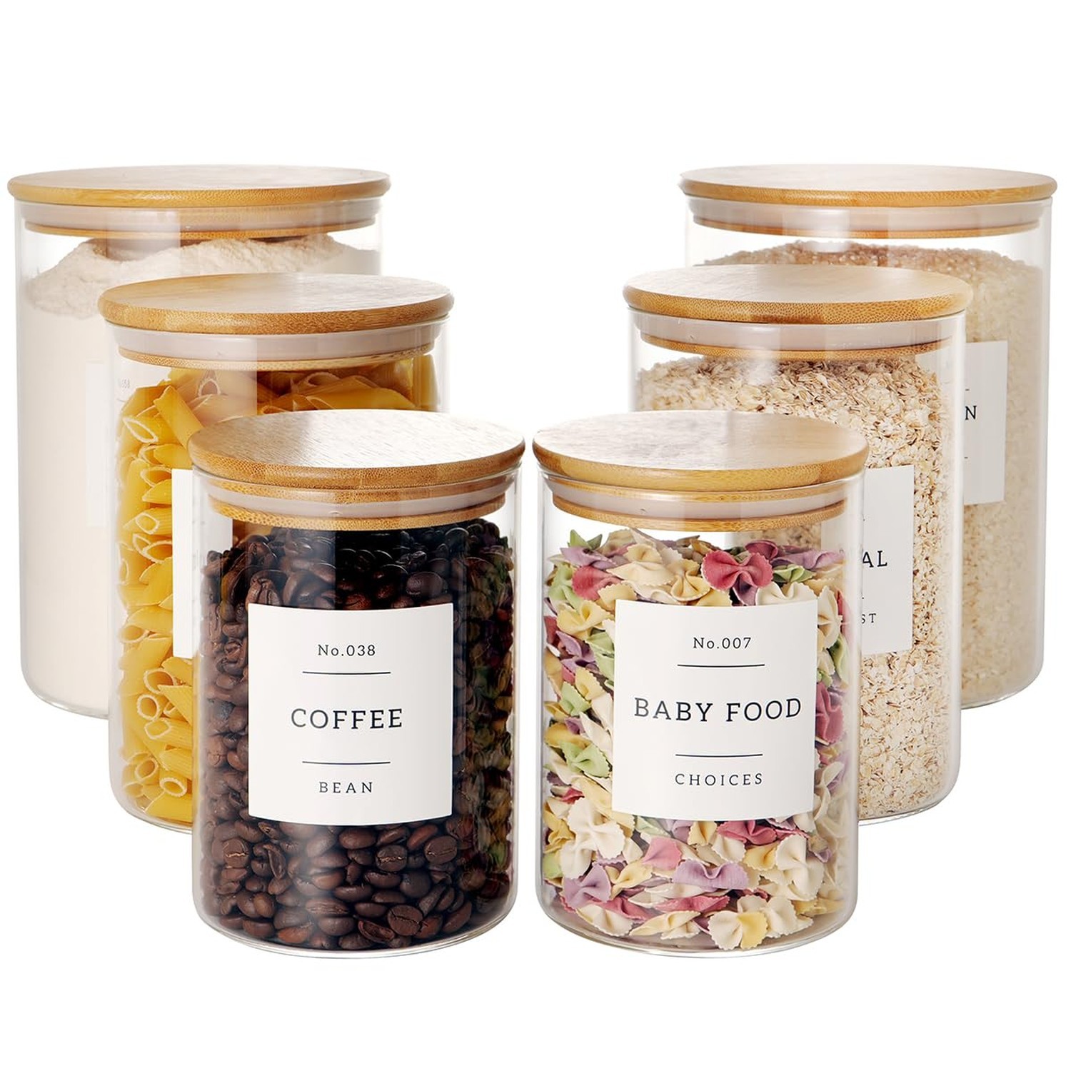 Set of 6 Glass Flour and Sugar jars with 132 Kitchen Pantry Labels – Thicken …