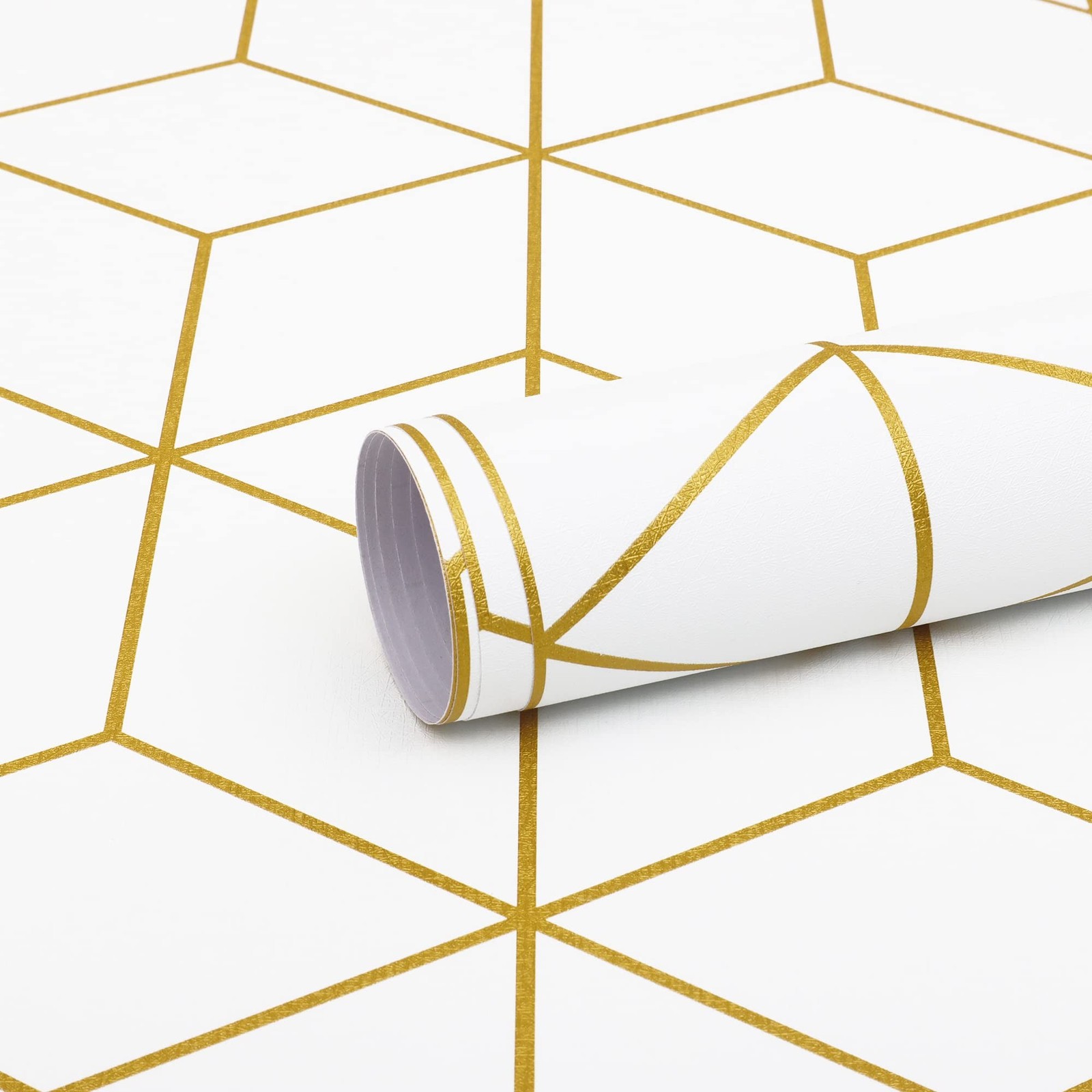 Safiyya 393"x17.3" Peel and Stick Wallpaper Gold and White Contact Paper Geom…