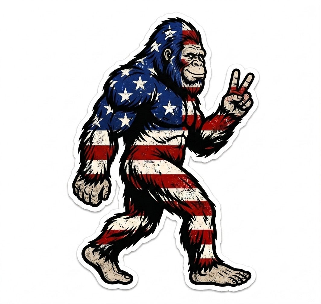 Bigfoot US Flag Waterproof Vinyl Sticker Peace Indoor Outdoor Sasquatch Yeti