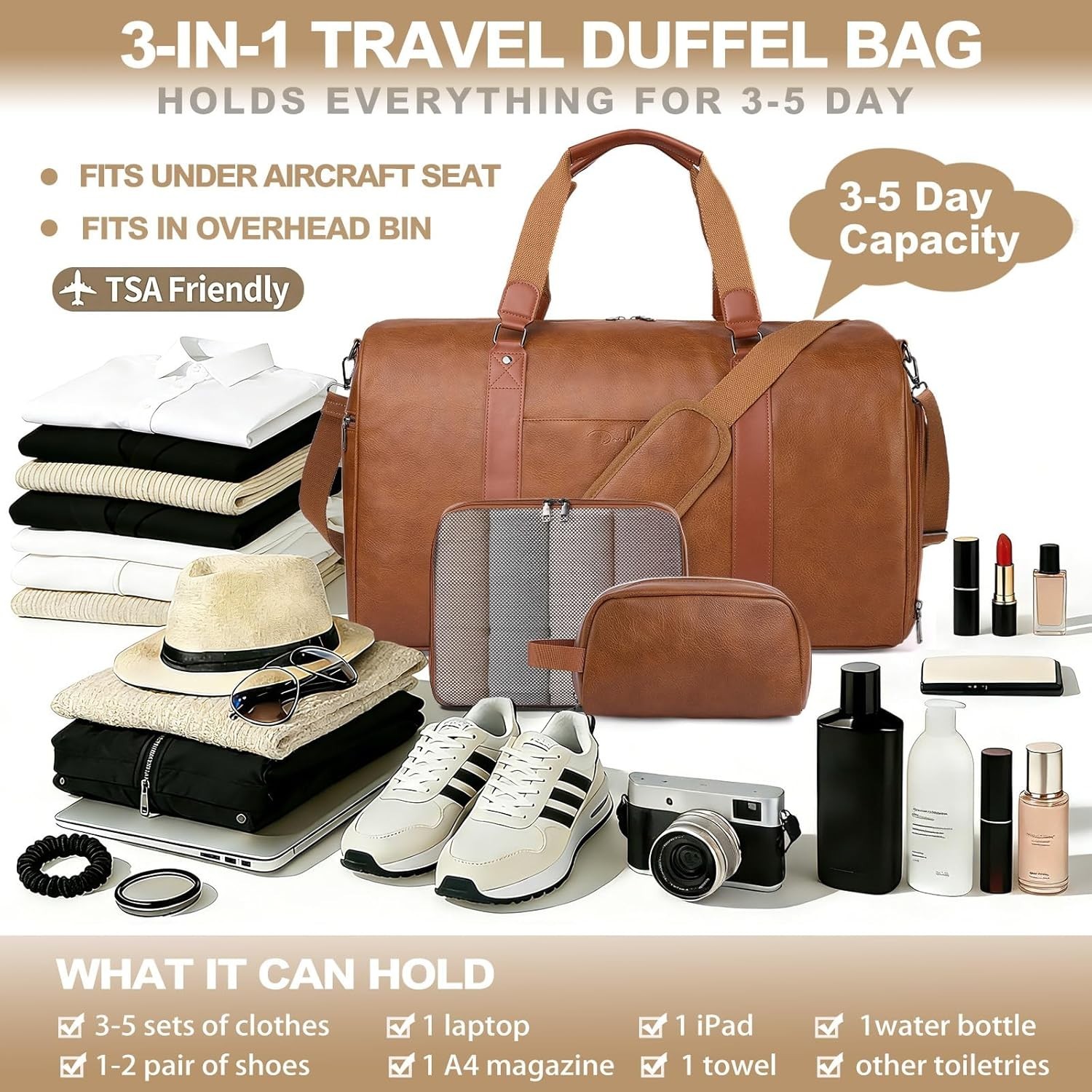 3-in-1 Leather Duffle Bag for Travel with Toiletry Bag and Shoe Compartment, …