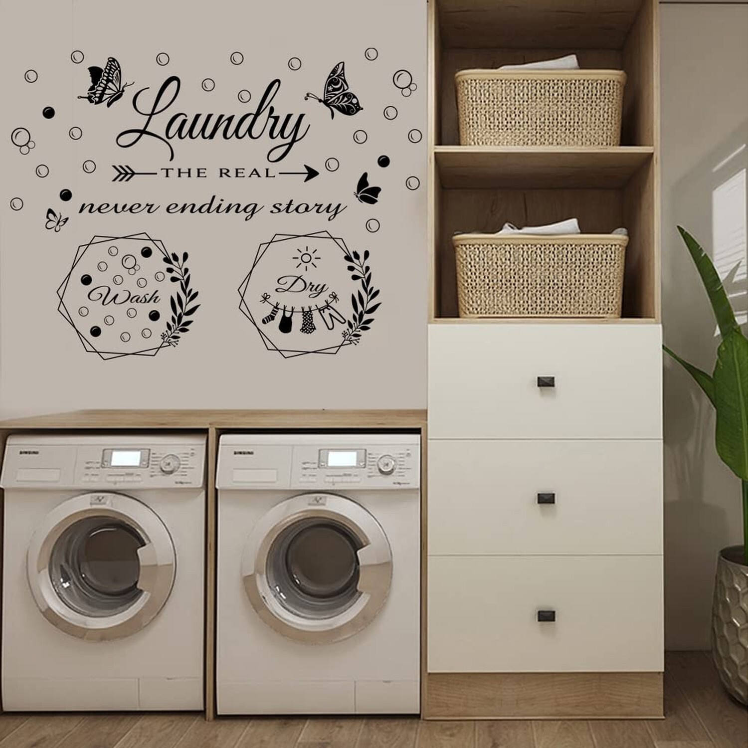 2 Sheets Wall Stickers Laundry Room Vinyl Wall Decal Wash Dry Vinyl Laundry S…