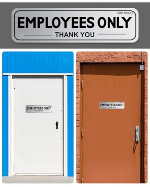 2pcs Employees Only Sign Stickers, Metal like Brushed Silver, 9"x2.5", Back