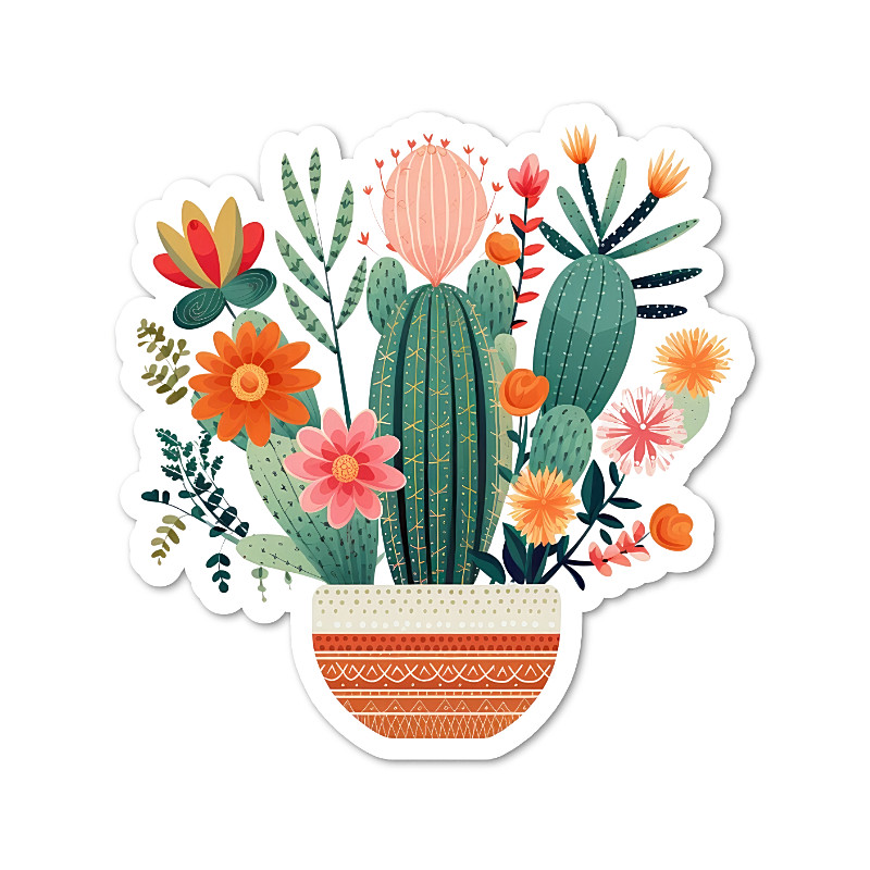 Modern Cactus Flowers Vinyl Sticker, Water Resistant, Scrapbooking, Laptop
