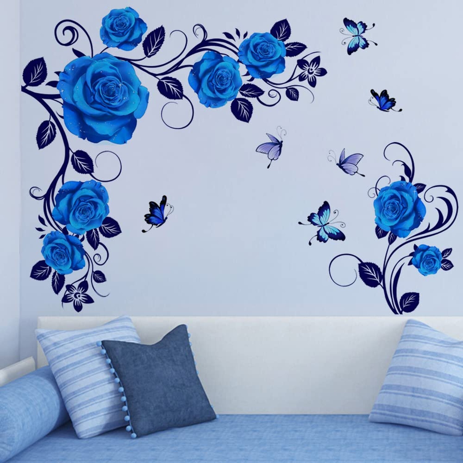 Runtoo Blue Rose Flower Wall Art Stickers Hanging Vine Floral Wall Decals Liv…