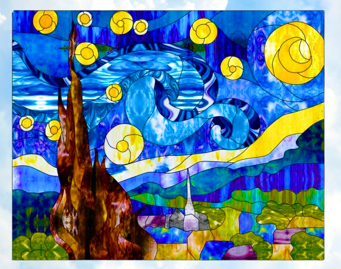 Starry Night Faux Stained Glass WINDOW CLING Size 10" Repositionable Vinyl